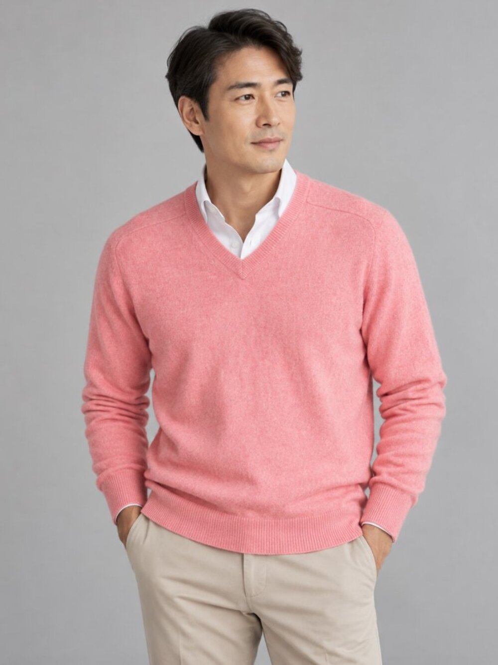 Grant Thomas Two-Ply Cashmere V-Neck Sweater in Heathered Rose Pink